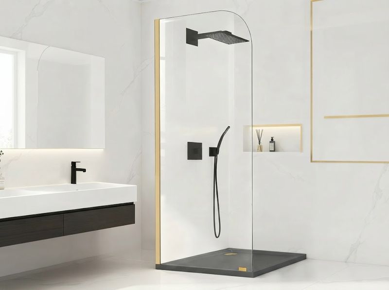34" W x 74" H Fixed Glass Shower Panel, Brushed Gold